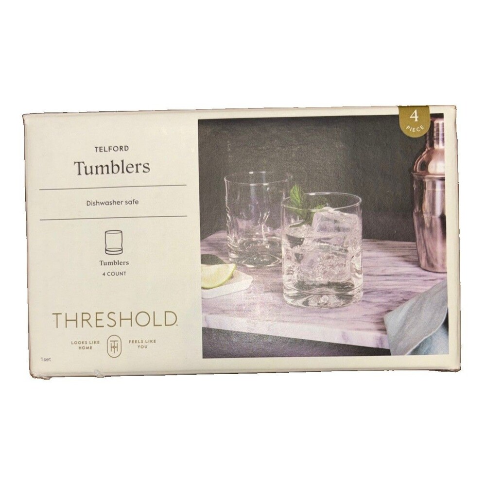 NEW Threshold Telford Glass Tumblers Set of 4, 12 fl oz, Dishwasher Safe, Clear